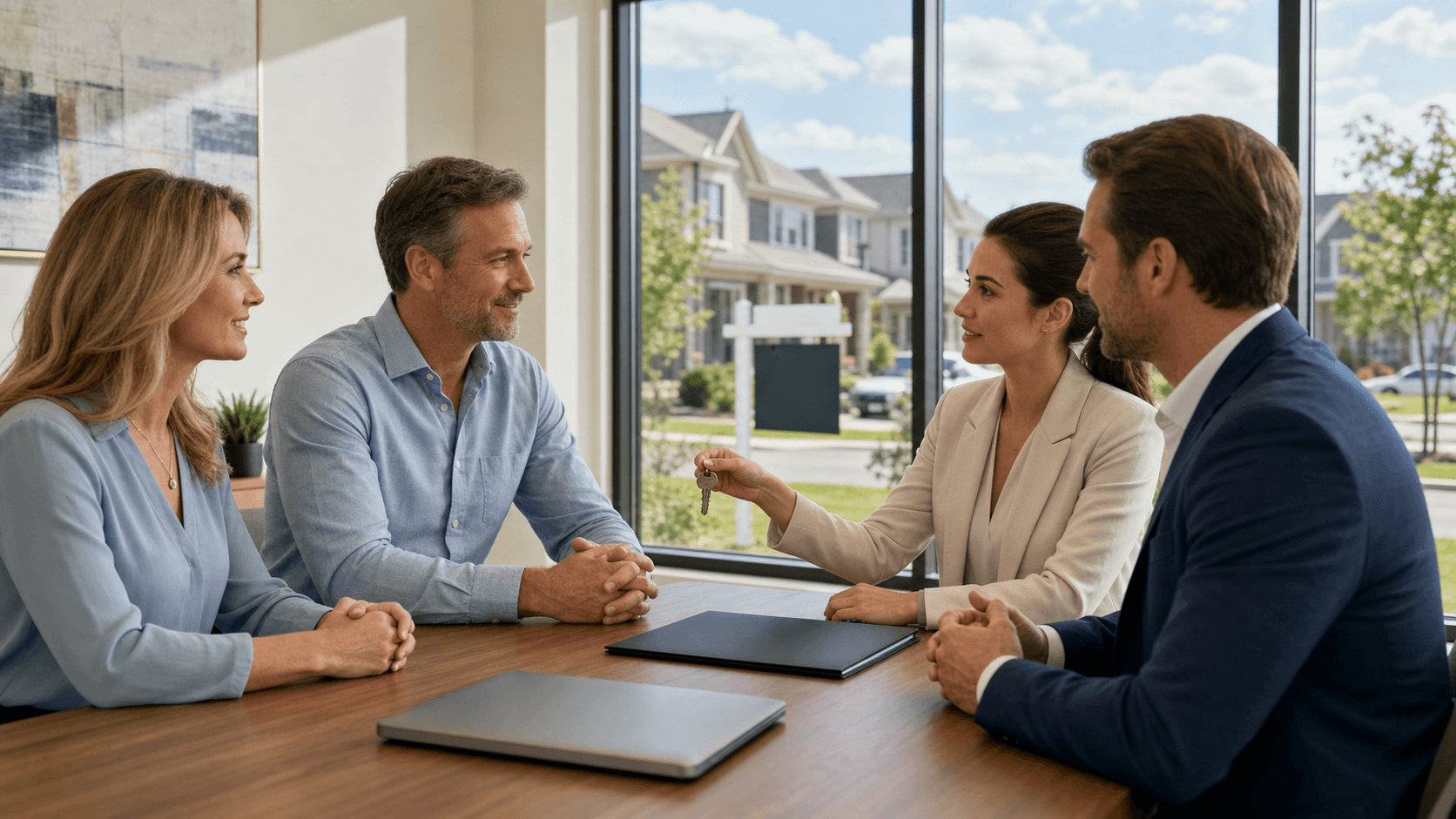 Split-panel illustration of a blue Lexington skyline above a sold house with two hands signing papers under warm light